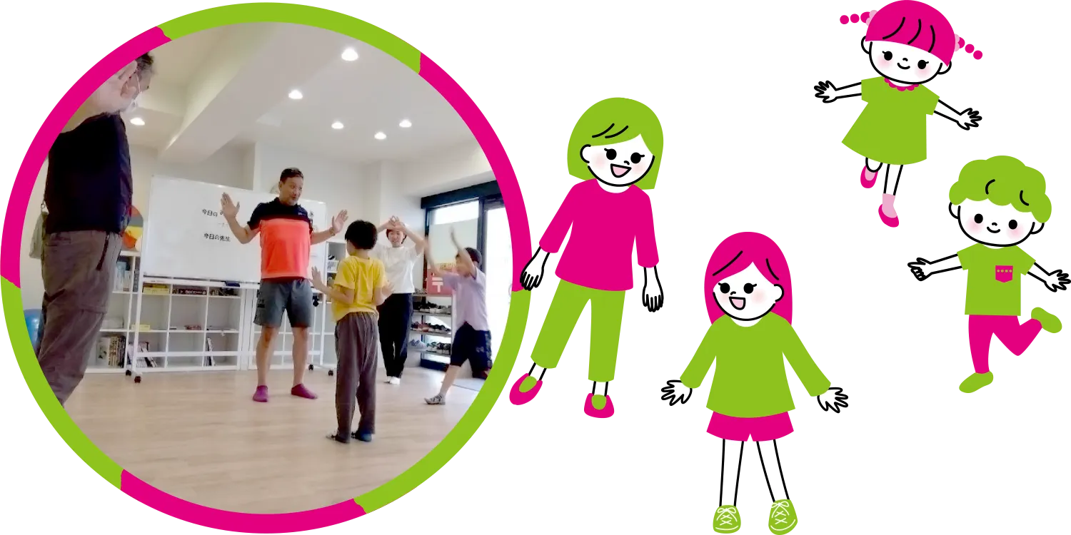 教室での肺活の様子の写真と年齢の違う二人の女の子のイラスト