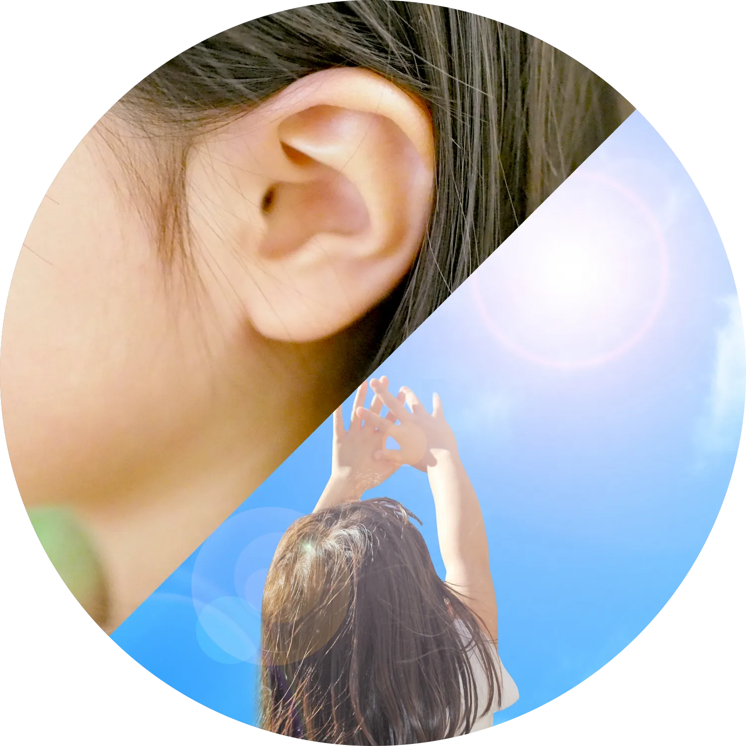 耳のアップの写真と太陽に手をかざす子供の写真